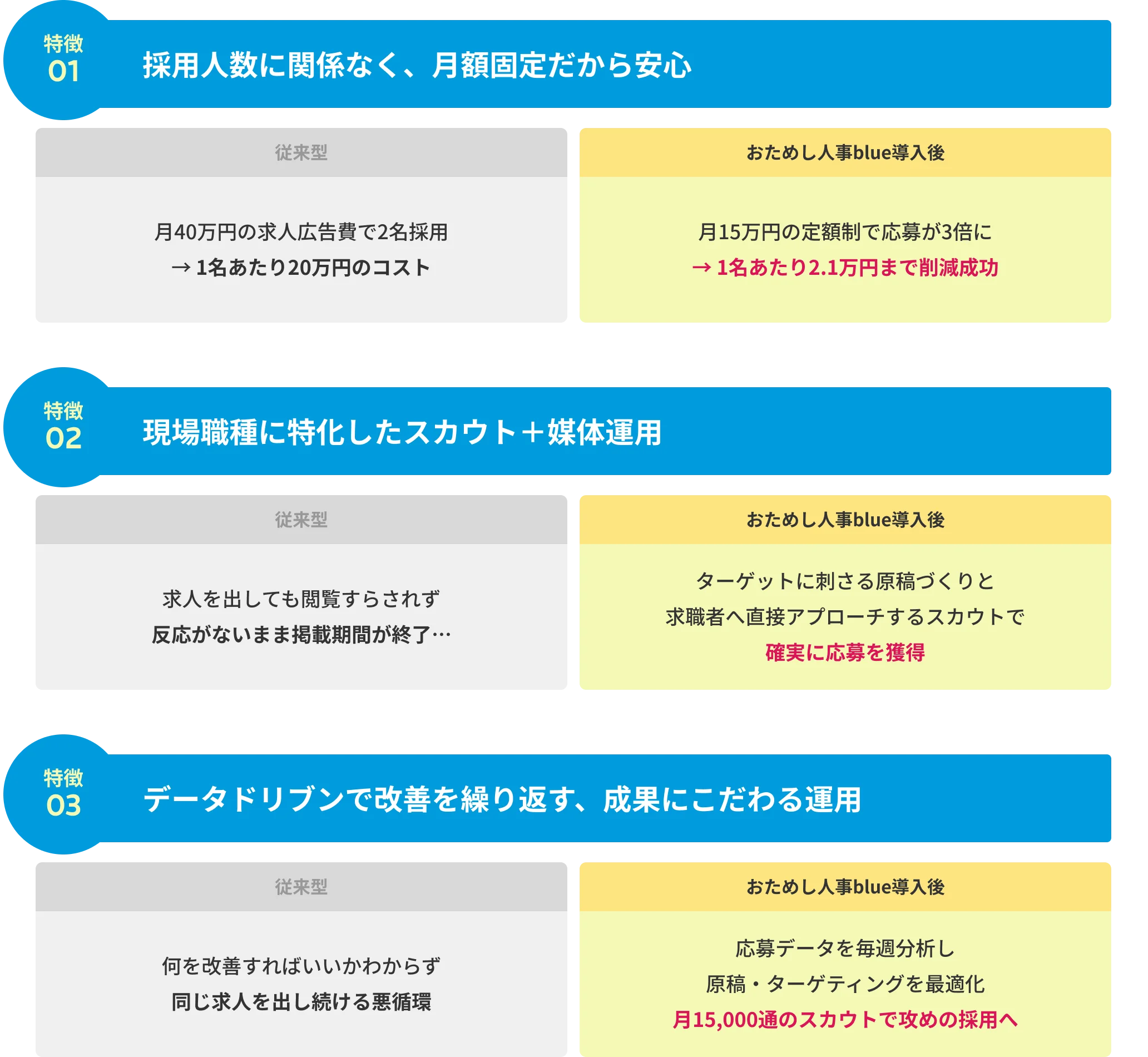 おためし人事blueの特徴：月額固定・スカウト媒体運用・データドリブン運用